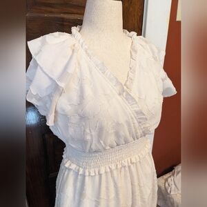 Ivory Floral Applique Flutter Sleeve Dress